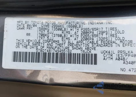 2004 Toyota Tundra Limited V8 из США, поврежденный, VIN 5TBDT48174S455162